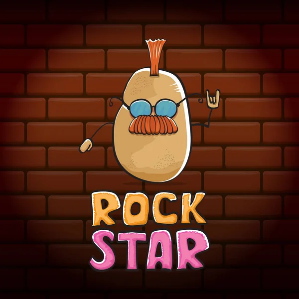 Vecteur drôle dessin animé mignon punk brun rock star personnage de pomme de terre avec Iroquois isolé sur fond de mur de briques. Impression concept vectorielle étoile ROck. rock n rock hipster légume funky caractère — Image vectorielle