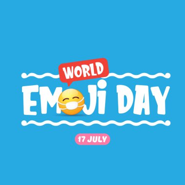 Dünya emoji günü tebrik kartı veya gülümsemeli pankart Ağız tıbbi koruma maskeli Emoji çıkartması mavi arka planda izole.