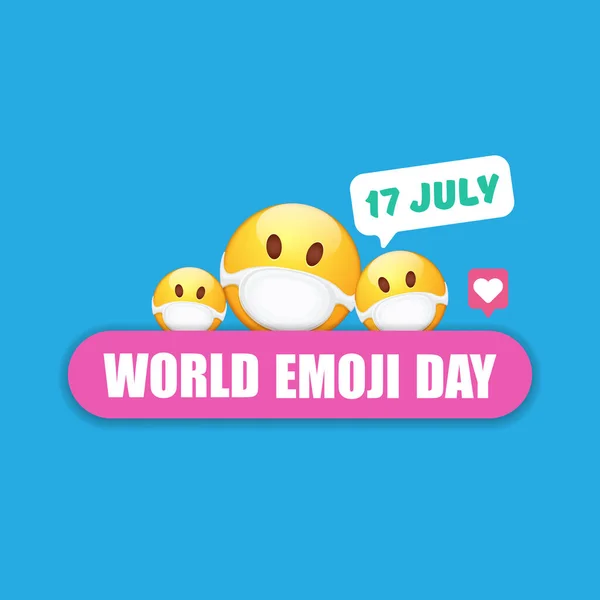 Journée mondiale emoji carte de voeux ou bannière avec sourire visage Emoji autocollant avec bouche masque de protection médicale isolé sur fond bleu. — Image vectorielle