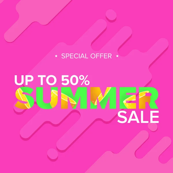 Καλοκαιρινή πώληση μοντέρνα χρώμα πρότυπο σχεδιασμού banner ή αφίσα. Vector Summer sale label με τυπογραφικό κείμενο που απομονώνεται σε αφηρημένο ροζ φόντο — Διανυσματικό Αρχείο