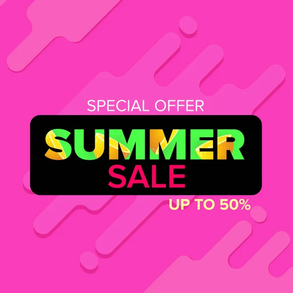 Venta de verano moderno diseño de color banner plantilla o cartel. Vector Etiqueta de venta de verano con texto tipográfico aislado sobre fondo rosa abstracto — Vector de stock