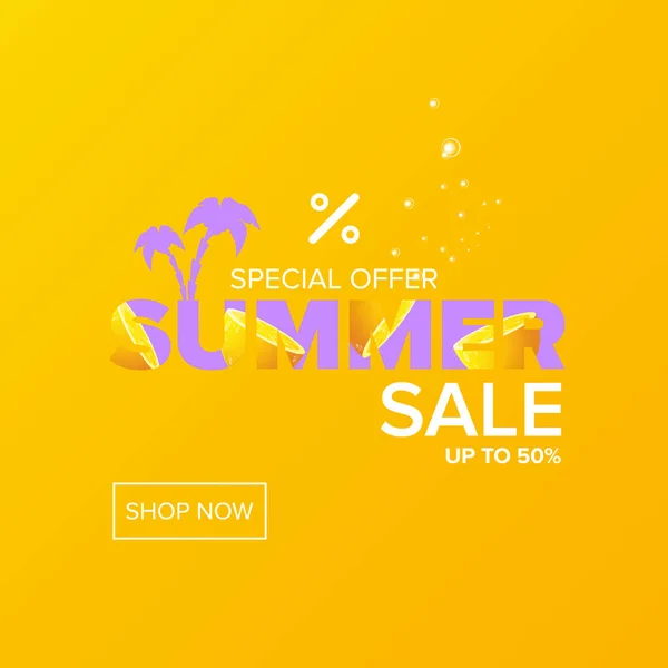 Καλοκαιρινή πώληση μοντέρνα χρώμα πρότυπο σχεδιασμού banner ή αφίσα. Vector Summer sale label με τυπογραφικό κείμενο που απομονώνεται σε αφηρημένο πορτοκαλί φόντο — Διανυσματικό Αρχείο