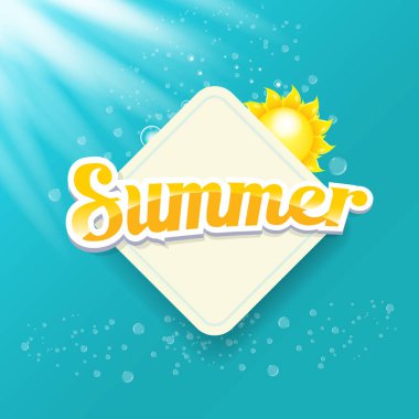 Vektör özel teklif yaz etiketi tasarım şablonu. Yaz indirimi afişi ya da rozetli güzel güneş ışığı ve gök mavisi arka planda kaligrafik metin