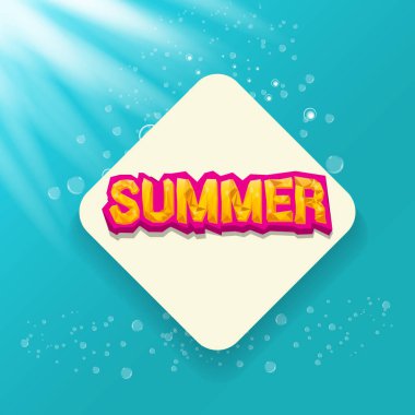 Vektör özel teklif yaz etiketi tasarım şablonu. Yaz indirimi afişi ya da rozetli güzel güneş ışığı ve gök mavisi arka planda kaligrafik metin