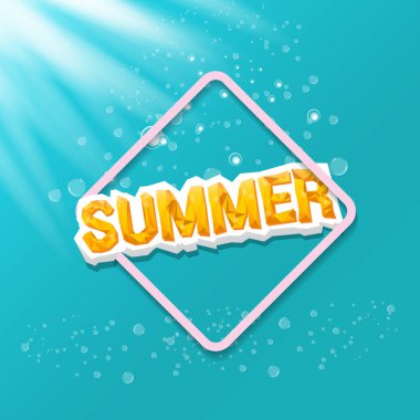 Vektör özel teklif yaz etiketi tasarım şablonu. Yaz indirimi afişi ya da rozetli güzel güneş ışığı ve gök mavisi arka planda kaligrafik metin