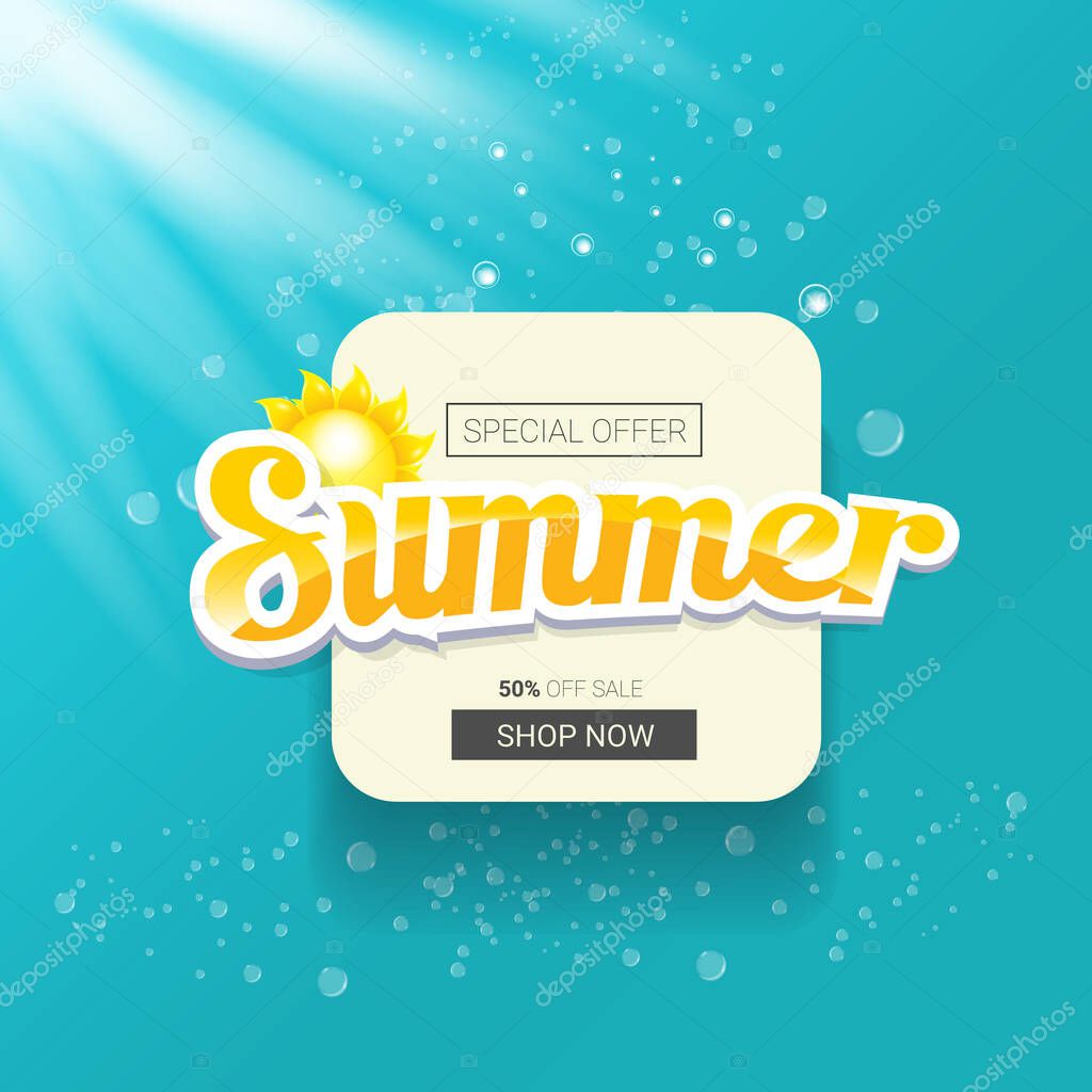 Summer sale banner or badge with beautiful sun and calligraphic text on azure background with sun lights