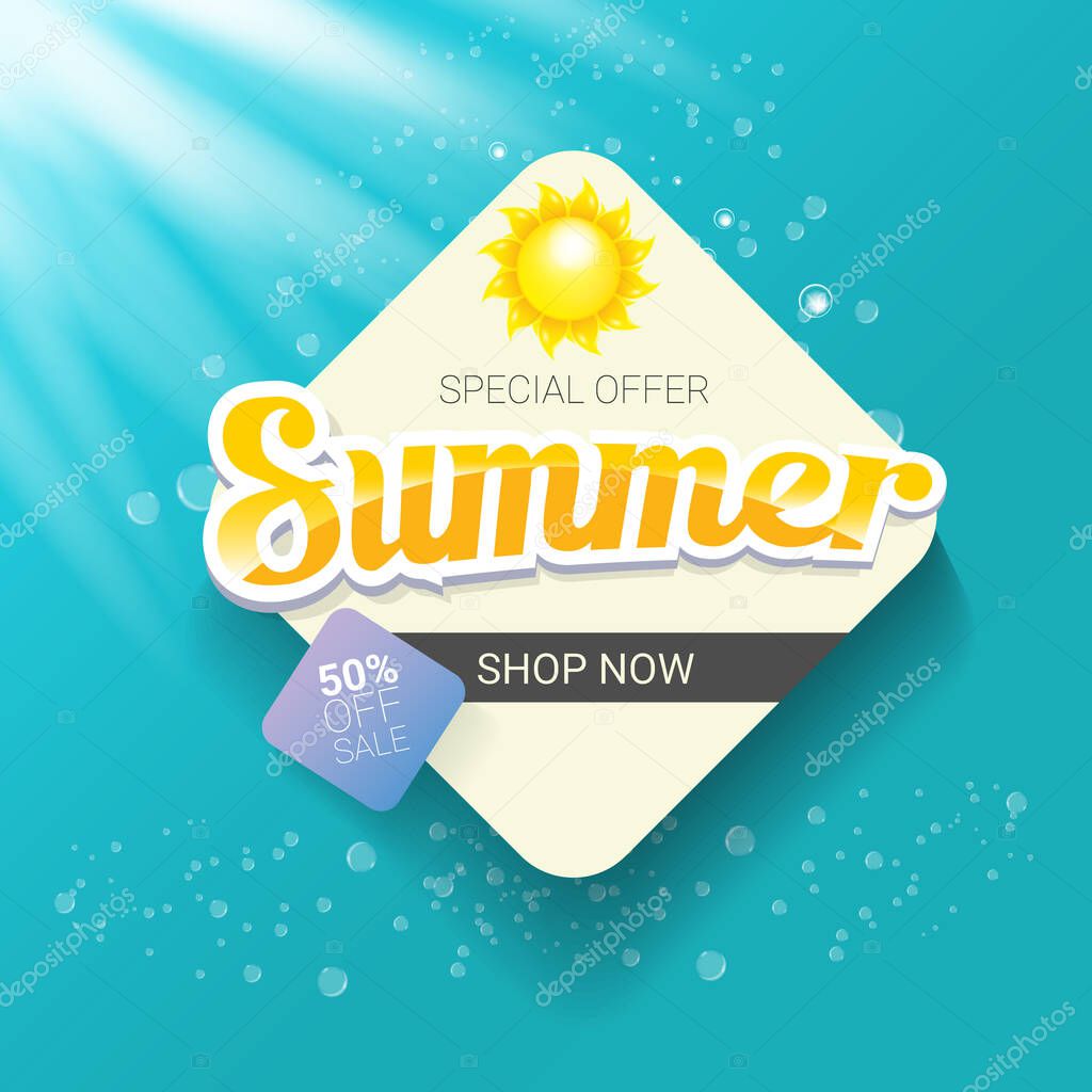 Summer sale banner or badge with beautiful sun and calligraphic text on azure background with sun lights