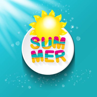 Vektör özel teklif yaz etiketi tasarım şablonu. Yaz indirimi afişi ya da rozetli güzel güneş ışığı ve gök mavisi arka planda kaligrafik metin