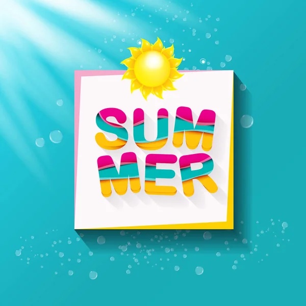 Vector speciale aanbieding zomer label ontwerp template. Zomer verkoop banner of badge met mooie zon en kalligrafische tekst op azuurblauwe achtergrond met zonlicht — Stockvector