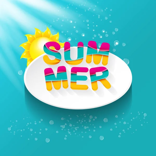 Vector speciale aanbieding zomer label ontwerp template. Zomer verkoop banner of badge met mooie zon en kalligrafische tekst op azuurblauwe achtergrond met zonlicht — Stockvector