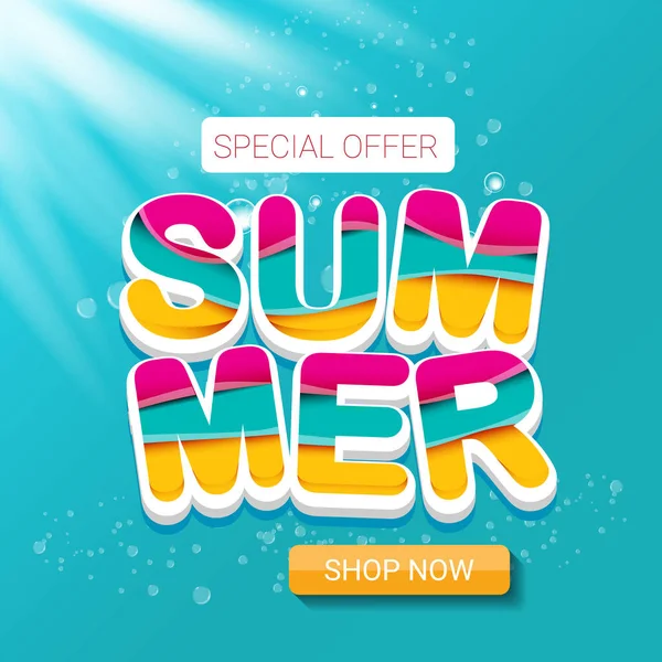 Vector oferta especial plantilla de diseño etiqueta de verano. Banner o insignia de venta de verano con hermoso sol y texto caligráfico sobre fondo azul con luces solares — Vector de stock