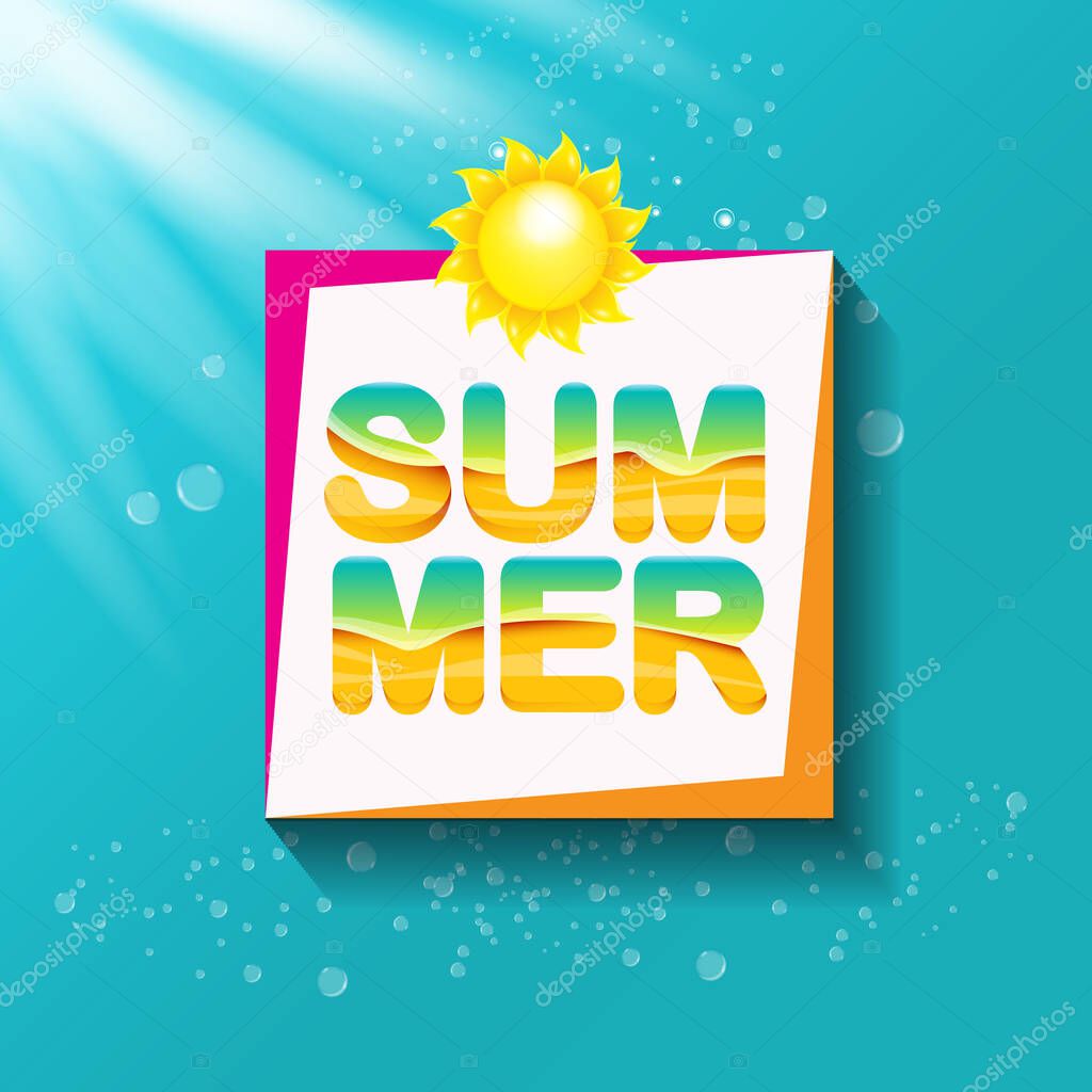 Summer sale banner or badge with beautiful sun and calligraphic text on azure background with sun lights