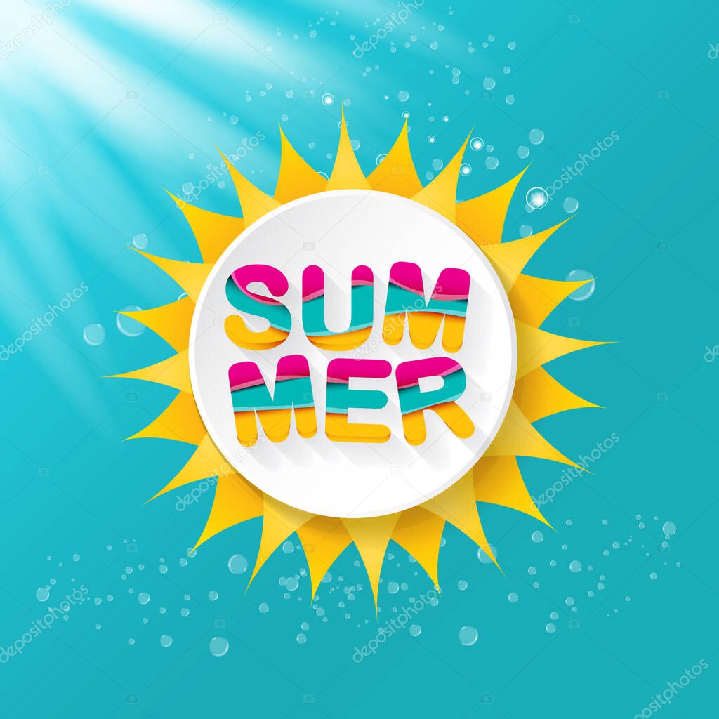 Summer sale banner or badge with beautiful sun and calligraphic text on azure background with sun lights