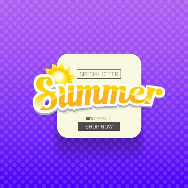 Vector special offer summer label design template . Summer sale banner or badge with sun and text on summer violet background — Stock Vector