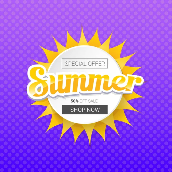 Vektor különleges ajánlat nyári címke design sablon. Nyári eladó banner vagy jelvény a nap és a szöveg a nyári ibolya háttér — Stock Vector
