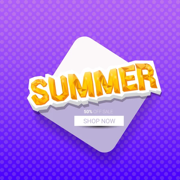 Vector oferta especial plantilla de diseño etiqueta de verano. Banner o insignia de venta de verano con sol y texto sobre fondo violeta de verano — Vector de stock