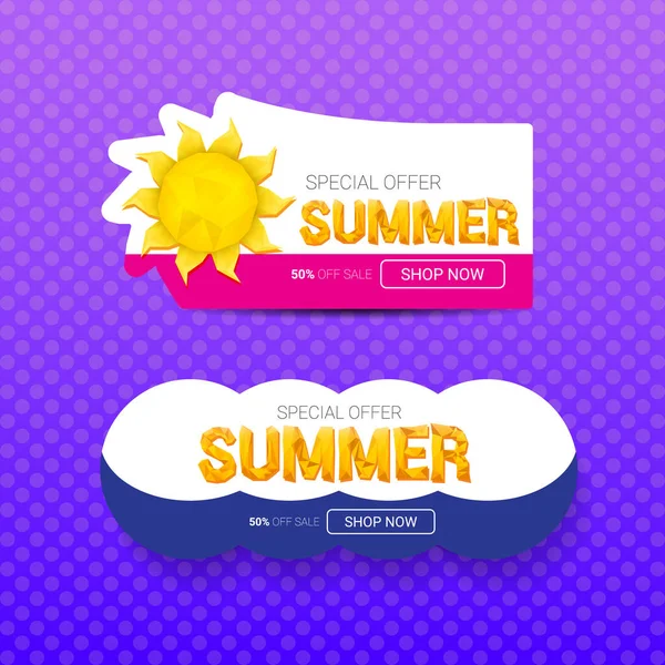 Vector oferta especial plantilla de diseño etiqueta de verano. Banner o insignia de venta de verano con sol y texto sobre fondo violeta de verano — Archivo Imágenes Vectoriales