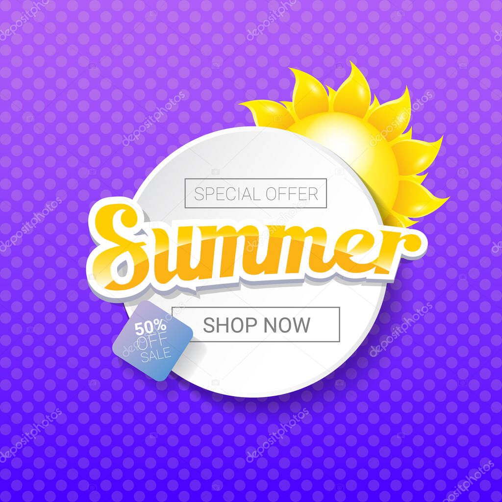 Vector special offer summer sale label design template . Summer sale banner or badge with sun and text on summer violet background