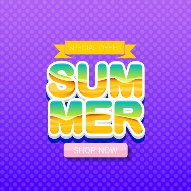 Vektör özel teklif yaz etiketi tasarım şablonu. Yaz indirimi afişi ya da rozet yaz menekşe arka planında güneş ve metin