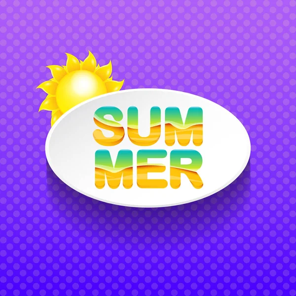 Vektor Sonderangebot Sommer-Etikettendesign-Vorlage. Sommerschlussverkauf Banner oder Abzeichen mit Sonne und Text auf sommerviolettem Hintergrund — Stockvektor