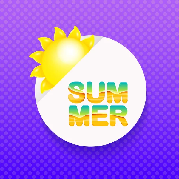 ベクトルスペシャルオファー夏ラベルデザインテンプレート。夏の紫色の背景に太陽とテキストと夏の販売バナーやバッジ — ストックベクタ