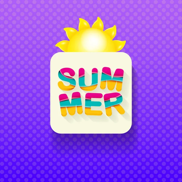 Vektor Sonderangebot Sommer-Etikettendesign-Vorlage. Sommerschlussverkauf Banner oder Abzeichen mit Sonne und Text auf sommerviolettem Hintergrund — Stockvektor