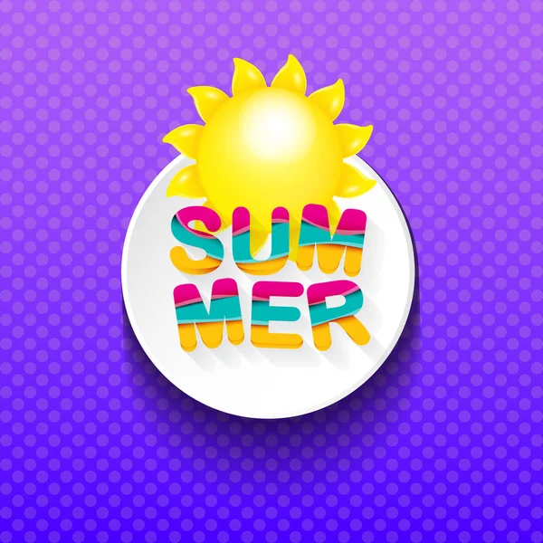 Vektor Sonderangebot Sommer-Etikettendesign-Vorlage. Sommerschlussverkauf Banner oder Abzeichen mit Sonne und Text auf sommerviolettem Hintergrund — Stockvektor