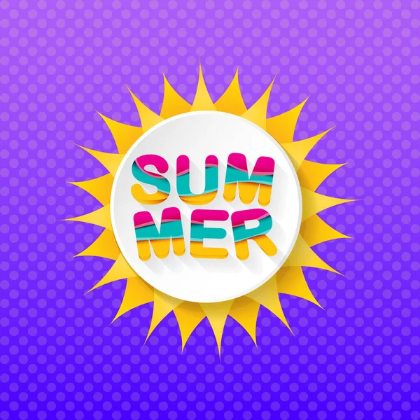 벡터 특별 제공 여름 레이블 설계 템플릿. 여름의 보라색 배경에 햇빛과 문자가 달린 깃발이나 배지를 판매하는 여름의 판매 — 스톡 벡터