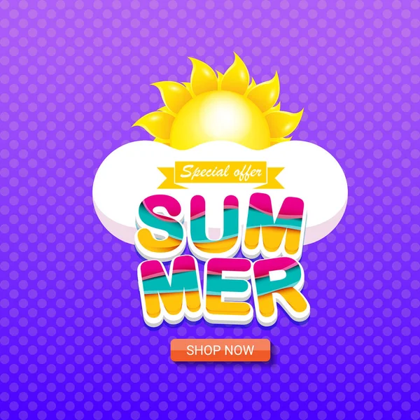 Vector special offer summer label design template . Summer sale banner or badge with sun and text on summer violet background — Stock Vector