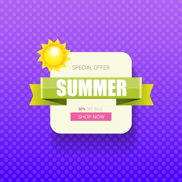 Vector special offer summer label design template . Summer sale banner or badge with sun and text on summer violet background — Stock Vector