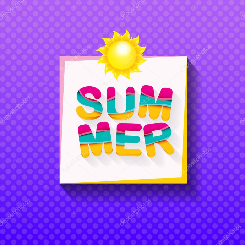 Vector special offer summer sale label design template . Summer sale banner or badge with sun and text on summer violet background