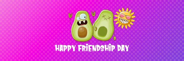 Gelukkige vriendschap dag cartoon stripverhaal horizontale banner met twee funky avocado vrienden en cartoon zon geïsoleerd op violette achtergrond. Vriendschapsdag funky wenskaart of feestflyer. BFF-concept — Stockvector