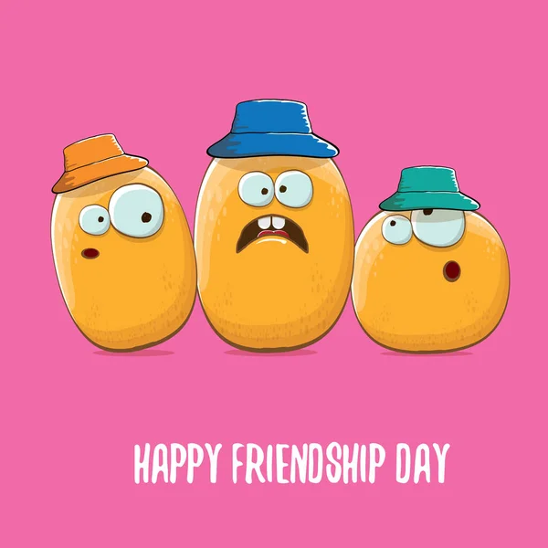 Amigos vetoriais personagens batata se divertindo isolados em fundo rosa. Feliz Dia da Amizade ilustração vetorial. crianças funky batata com amigos — Vetor de Stock