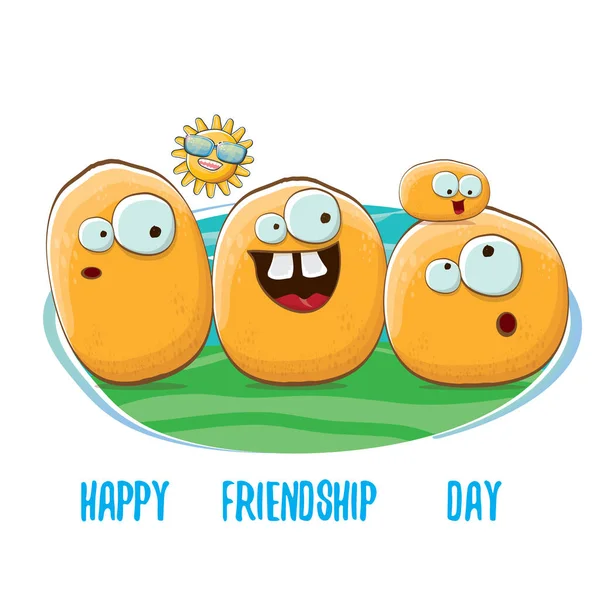 Happy friendship day banner with friends tiny kids potato characters having fun on green field. Happy Friendship day vector illustration. funky kids potato with friends — Stock Vector
