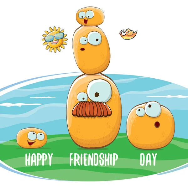 Banner del día de la amistad feliz con los amigos pequeños niños personajes de la patata que se divierten en el campo verde. Feliz Día de la Amistad vector ilustración. Funky niños papa con amigos — Vector de stock