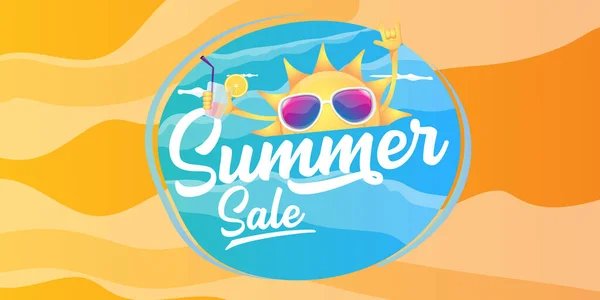 Summer sale cartoon horizontal web banner or vector label with happy sun character wearing sunglasses and holding cocktail isolated on horizontal background — Stock Vector