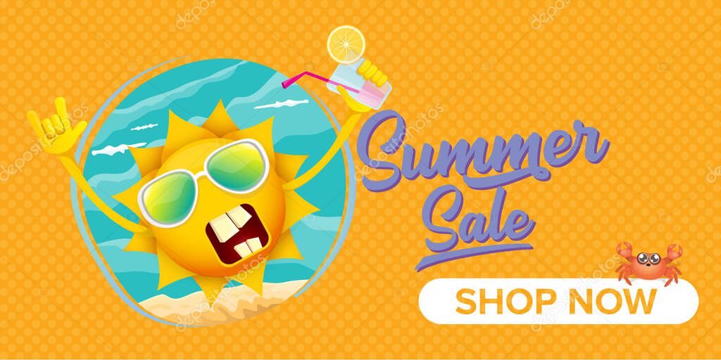 Summer sale cartoon horizontal web banner or vector label with happy sun character wearing sunglasses and holding cocktail isolated on horizontal orange background
