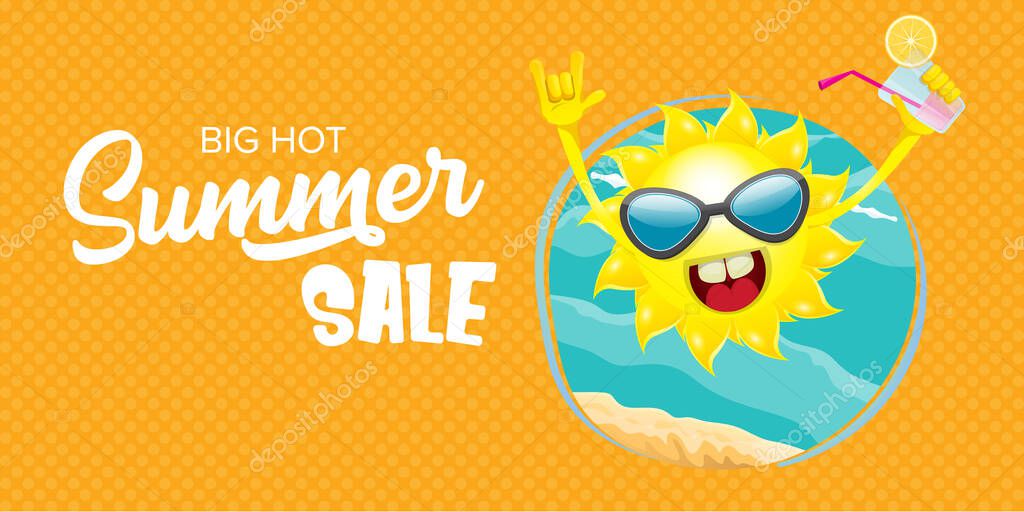 Summer sale cartoon horizontal web banner or vector label with happy sun character wearing sunglasses and holding cocktail isolated on horizontal orange background