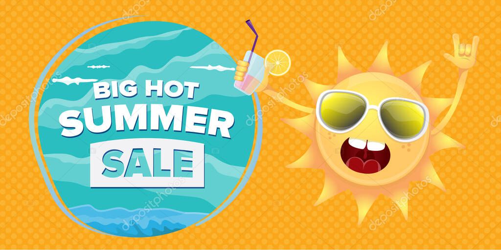 Summer sale cartoon horizontal web banner or vector label with happy sun character wearing sunglasses and holding cocktail isolated on horizontal orange background