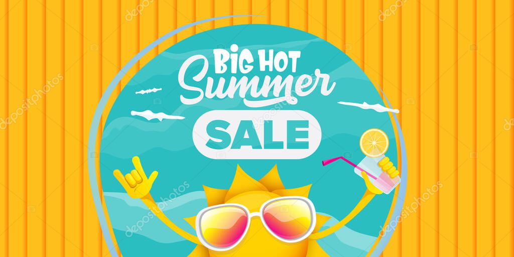 Summer sale cartoon horizontal web banner or vector label with happy sun character wearing sunglasses and holding cocktail isolated on horizontal orange background