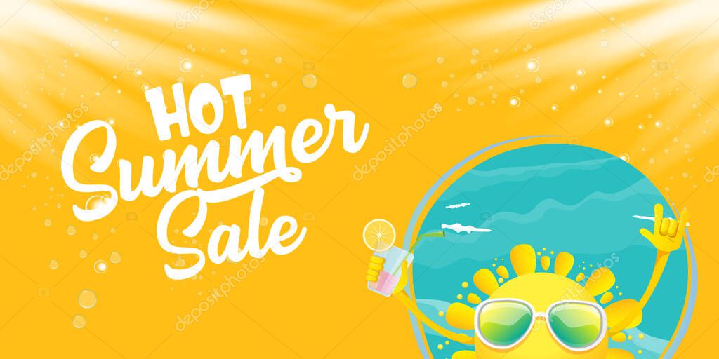 Summer sale cartoon horizontal web banner or vector label with happy sun character wearing sunglasses and holding cocktail isolated on horizontal orange background