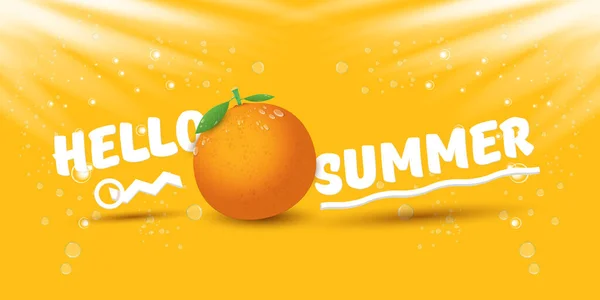 Vector Hello Zomer horizontale banner of flyer Ontwerp sjabloon met vers oranje fruit geïsoleerd op oranje achtergrond met verlichting. Hallo zomer concept label of poster met fruit en letternig tekst — Stockvector