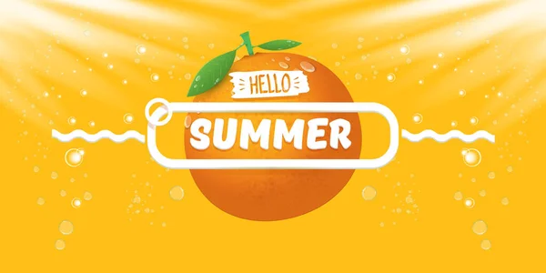 Vector Hello Summer banner orizzontale o flyer Modello di design con frutta fresca arancione isolata su sfondo arancione con luci. Hello summer concept label o poster con testo di frutta e letternig — Vettoriale Stock