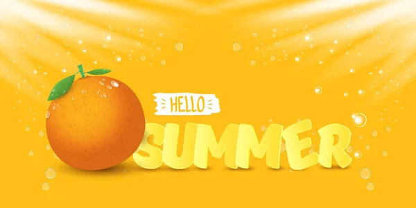 Vektor Hello Summer horisontal banner atau flyer Desain templat dengan buah jeruk segar terisolasi di latar belakang oranye dengan lampu. Halo label konsep musim panas atau poster dengan teks buah dan letternig - Stok Vektor