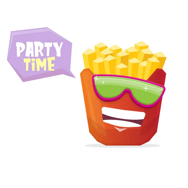 Vector funny cartoon french fries potato box character with sunglasses isolated on white background. funky smiling food character — Stock Vector