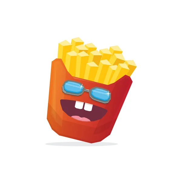 Vektor lustig Cartoon Pommes Kartoffelschachtel Charakter mit Sonnenbrille isoliert auf weißem Hintergrund. flippig lächelnder Food-Charakter — Stockvektor