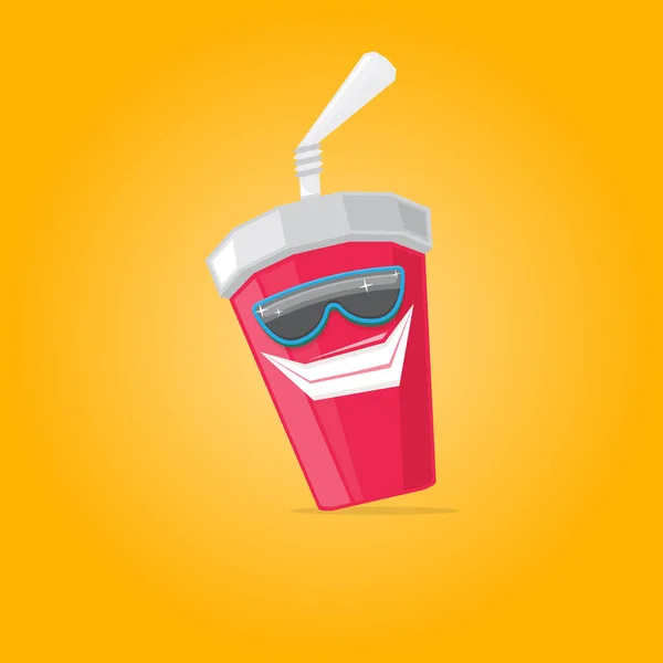 Vektor lustige Karikatur niedlichen roten Party-Papier Cola-Tasse mit Stroh und Sonnenbrille isoliert auf orangefarbenem Hintergrund. flippig lächelnder Sommerdrink-Charakter — Stockvektor