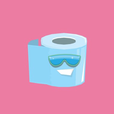 Vektör komik tuvalet kağıdı rulo karakteri pembe arka planda güneş gözlüğü ile izole edilmiş. Gülen kawaii kağıt rulo karakteri