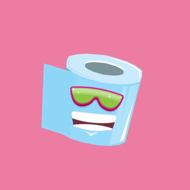 Vektör komik tuvalet kağıdı rulo karakteri pembe arka planda güneş gözlüğü ile izole edilmiş. Gülen kawaii kağıt rulo karakteri