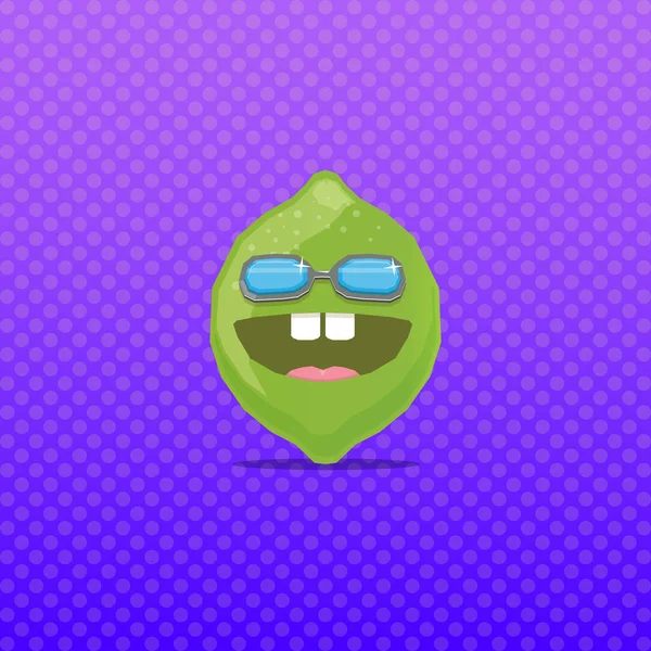 Wektor śmieszne kreskówki zielony limonka znak z okularami przeciwsłonecznymi izolowane na fioletowym tle. funky uśmiechnięty letni limonka owoców cytrusowych charakter — Wektor stockowy